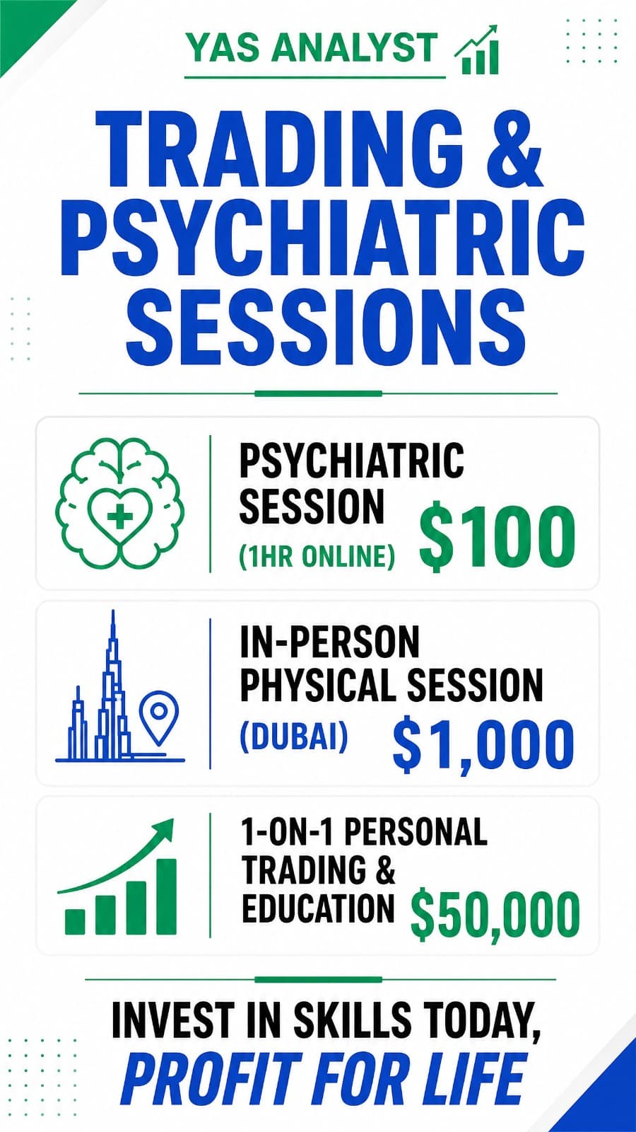 Yas Analyst Trading & Psychology Sessions — Online $100, Dubai $1,000, Elite 1-on-1 $50,000